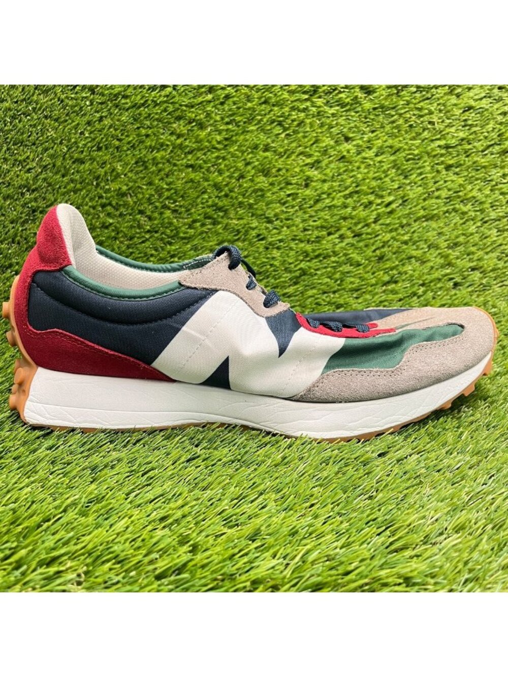 New Balance 327 Marblehead Mens Size 14 Gray Green Red Running Shoes Sneakers